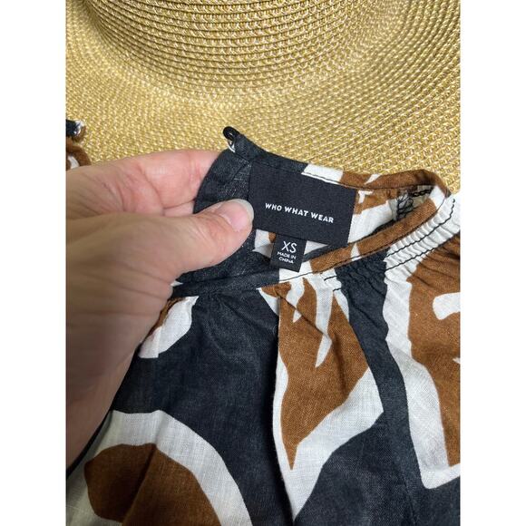 Who What Wear Puff Sleeve Top XS Linen Blend Brown Black Print Minimal - Picture 6 of 8